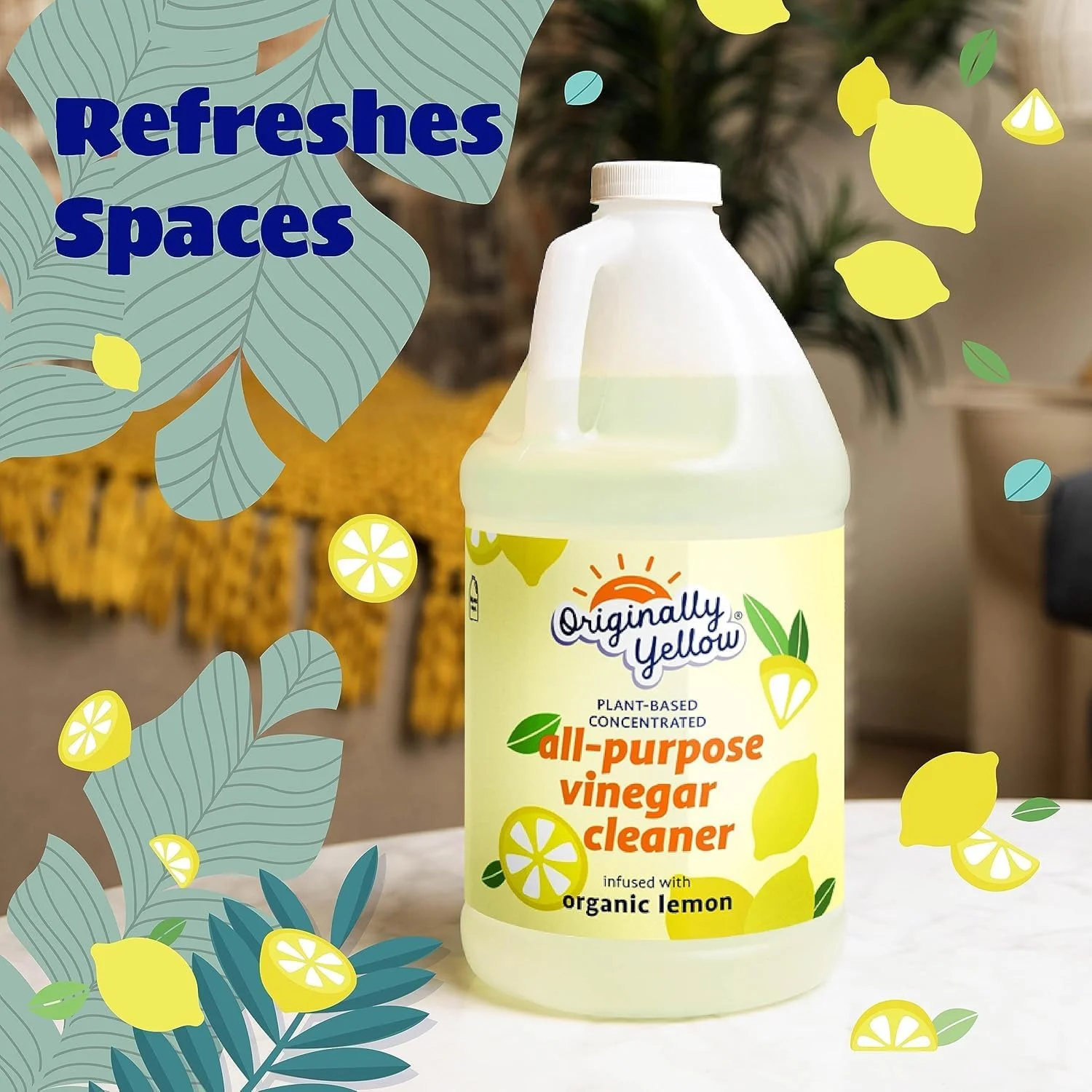 سرکه پاک کننده چند منظوره زرد اورجینال برای محلول تمیز کننده کف خانه با سرکه مقطر | غنی شده با لیمو ارگانیک | لوازم تمیز کننده خانگی گیاهی، 1.89 لیتر (1 بسته)