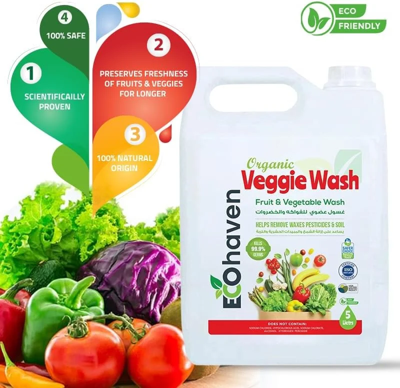 مایع شستشوی میوه و سبزیجات ارگانیک اکوهیون - پاک کننده طبیعی محصولات، گیاهی و غیر سمی - از بین برنده آفت کش ها، آلودگی، باکتری و موم - زیست تخریب پذیر، ایمن برای کودک، گرید غذایی و سازگار با محیط زیست (5 لیتر)