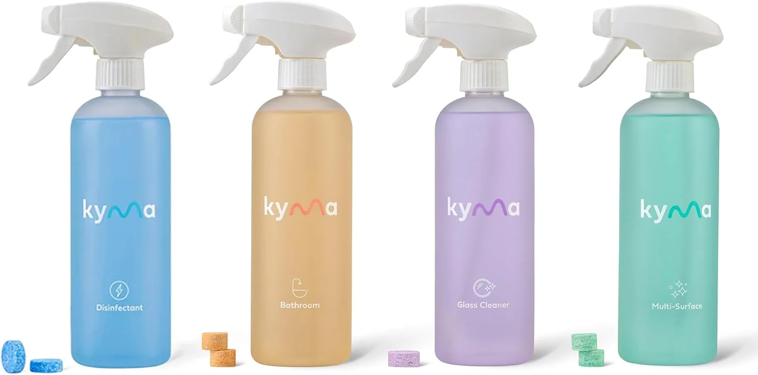 مجموعه چهارتایی کیما، غیر سمی، سازگار با محیط زیست، مبارزه با ویروس ها و باکتری ها، 4 عدد محلول 500 میلی لیتری تمیز کننده سطوح، ضد عفونی کننده، تمیز کننده چند منظوره، تمیز کننده شیشه، تمیز کننده حمام