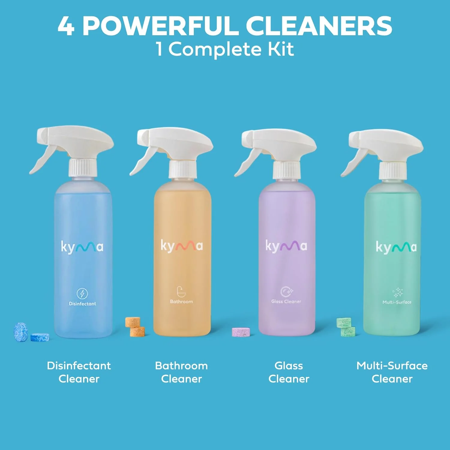 مجموعه چهارتایی کیما، غیر سمی، سازگار با محیط زیست، مبارزه با ویروس ها و باکتری ها، 4 عدد محلول 500 میلی لیتری تمیز کننده سطوح، ضد عفونی کننده، تمیز کننده چند منظوره، تمیز کننده شیشه، تمیز کننده حمام