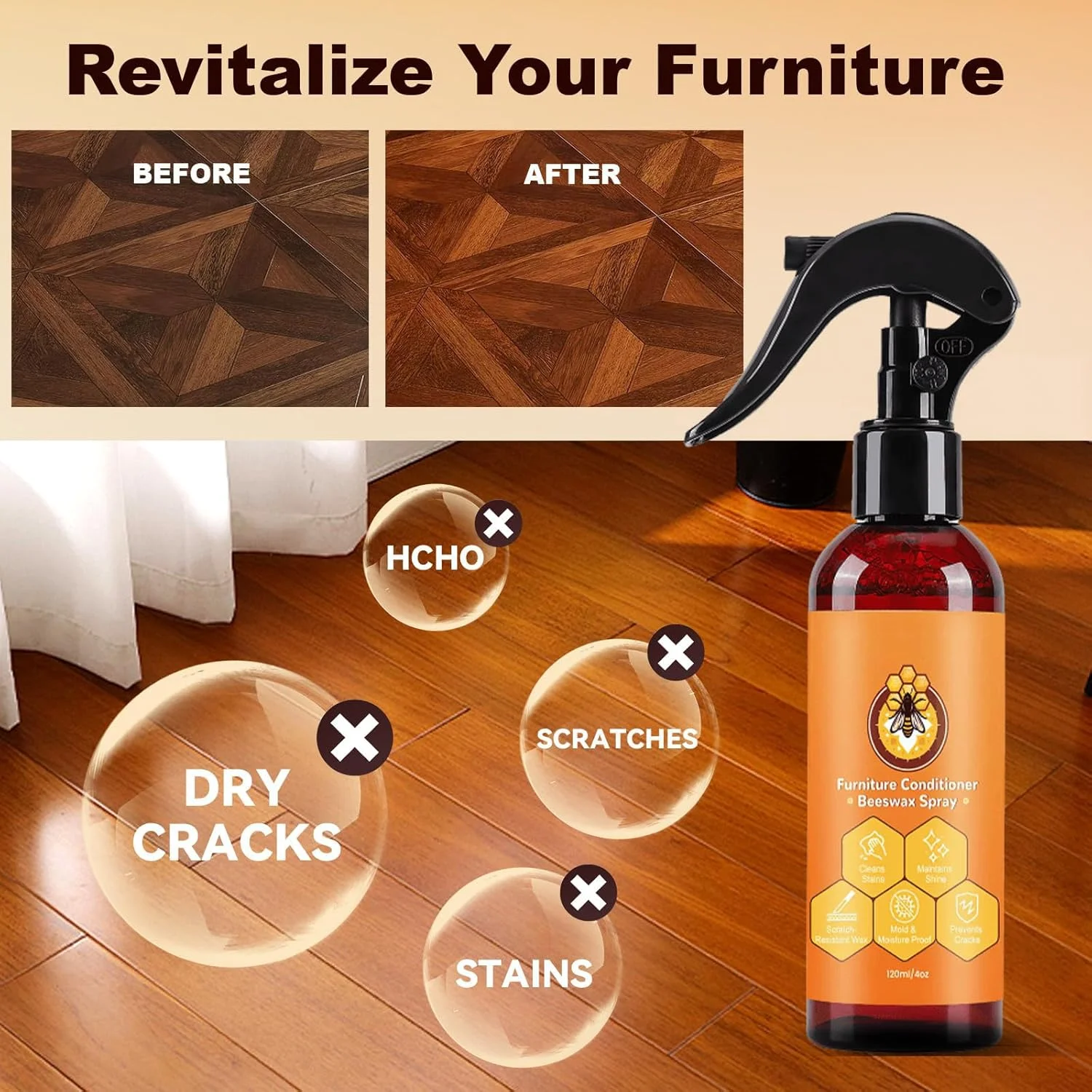 پولیش و تمیز کننده چوب طبیعی، اسپری مبلمان موم زنبور عسل 2 در 1 غیر سمی، نرم کننده کف چوب سخت ایمن برای حیوانات خانگی برای کابینت ها، میزها، درها، احیای درخشندگی، محافظت از روکش چوب (رایحه لیمو)