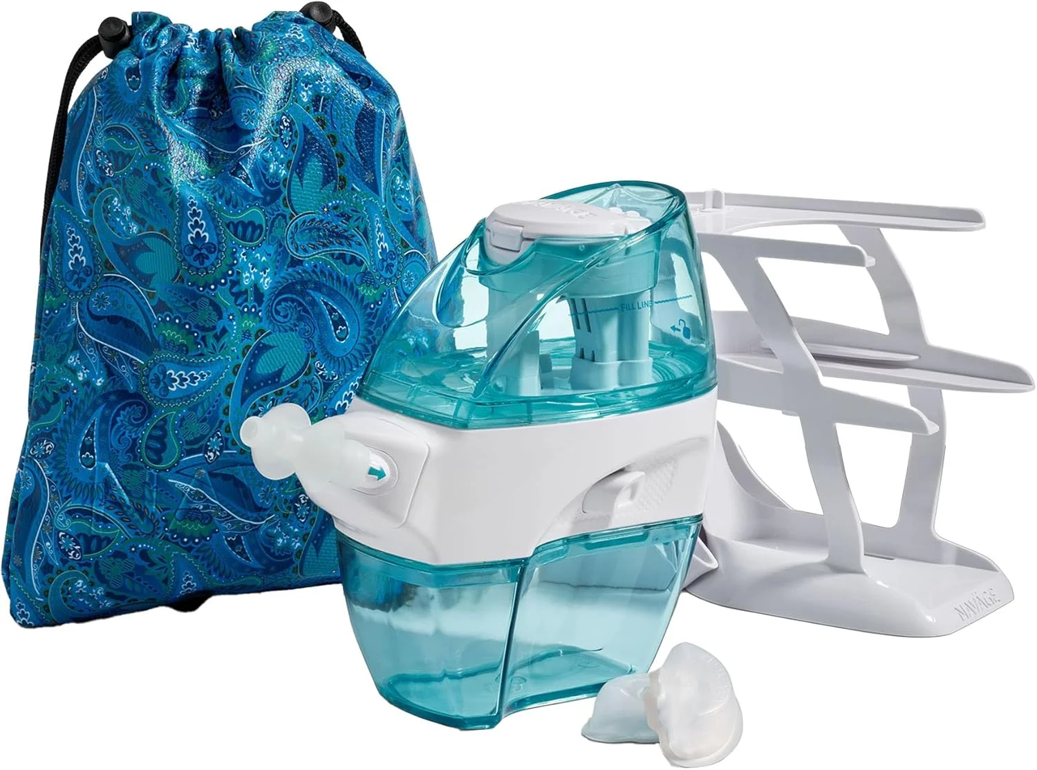 مجموعه لوکس ناویج - سیستم شستشوی بینی ناویج - کیت شستشوی بینی با محلول نمکی شامل 1 دستگاه پاک کننده بینی ناویج، 30 عدد کپسول نمک، کیف مسافرتی طرح پیزلی و 1 استند رومیزی