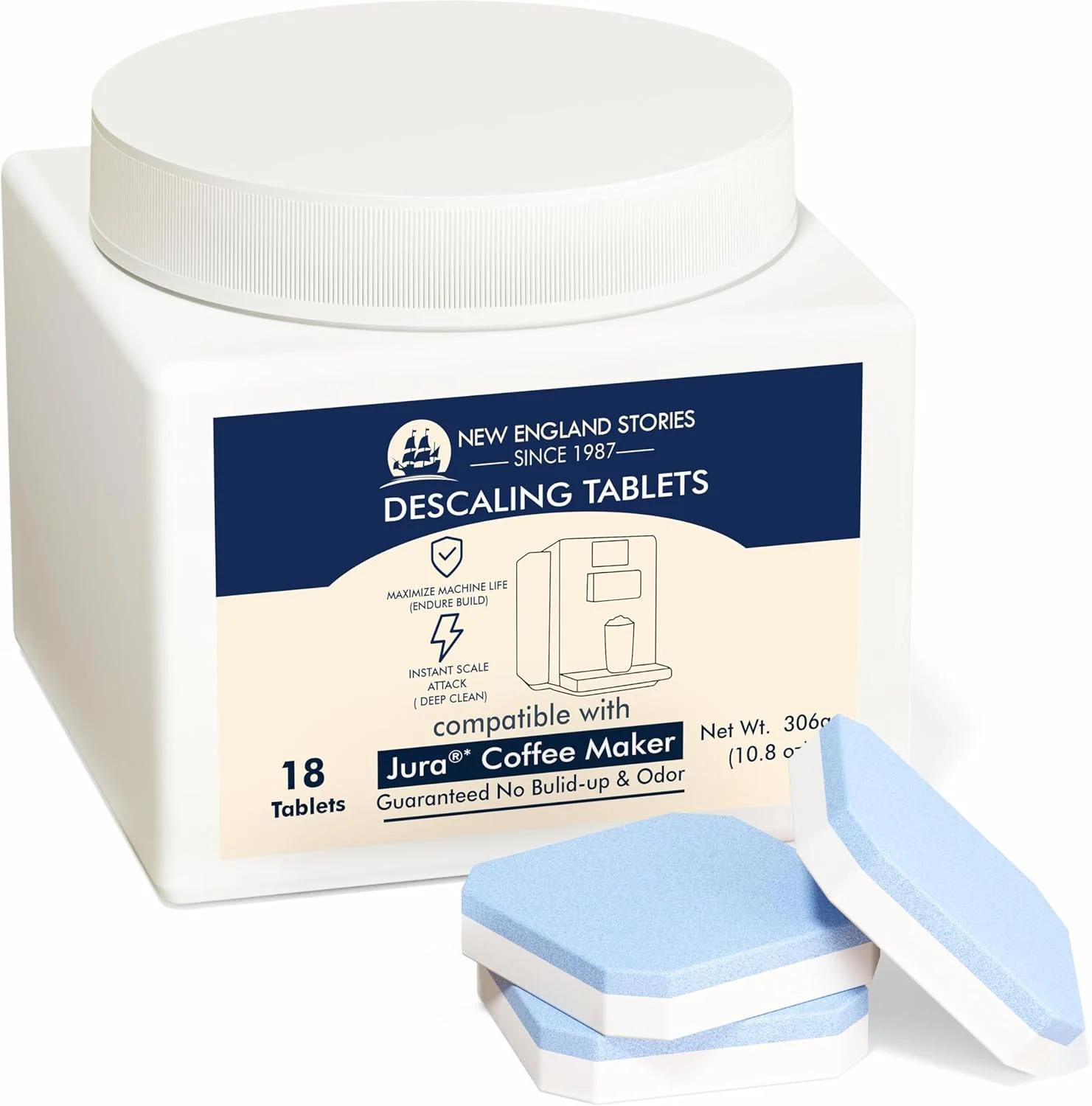 قرص های رسوب زدای سازگار با Jura نیو انگلند استوریز، بسته 18 عددی - حذف رسوب آهک و کلسیم، بهبود طعم قهوه برای دستگاه های قهوه ساز
