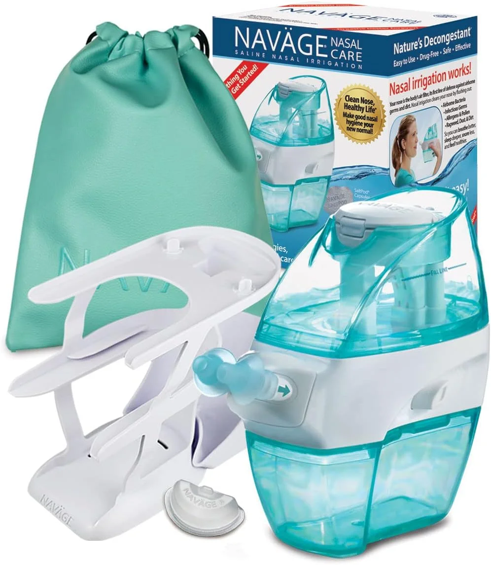 مجموعه کامل مراقبت از بینی ناویج: دستگاه شستشوی بینی ناویج، 48 عدد کپسول سالت پاد، استند رومیزی و کیف مسافرتی
