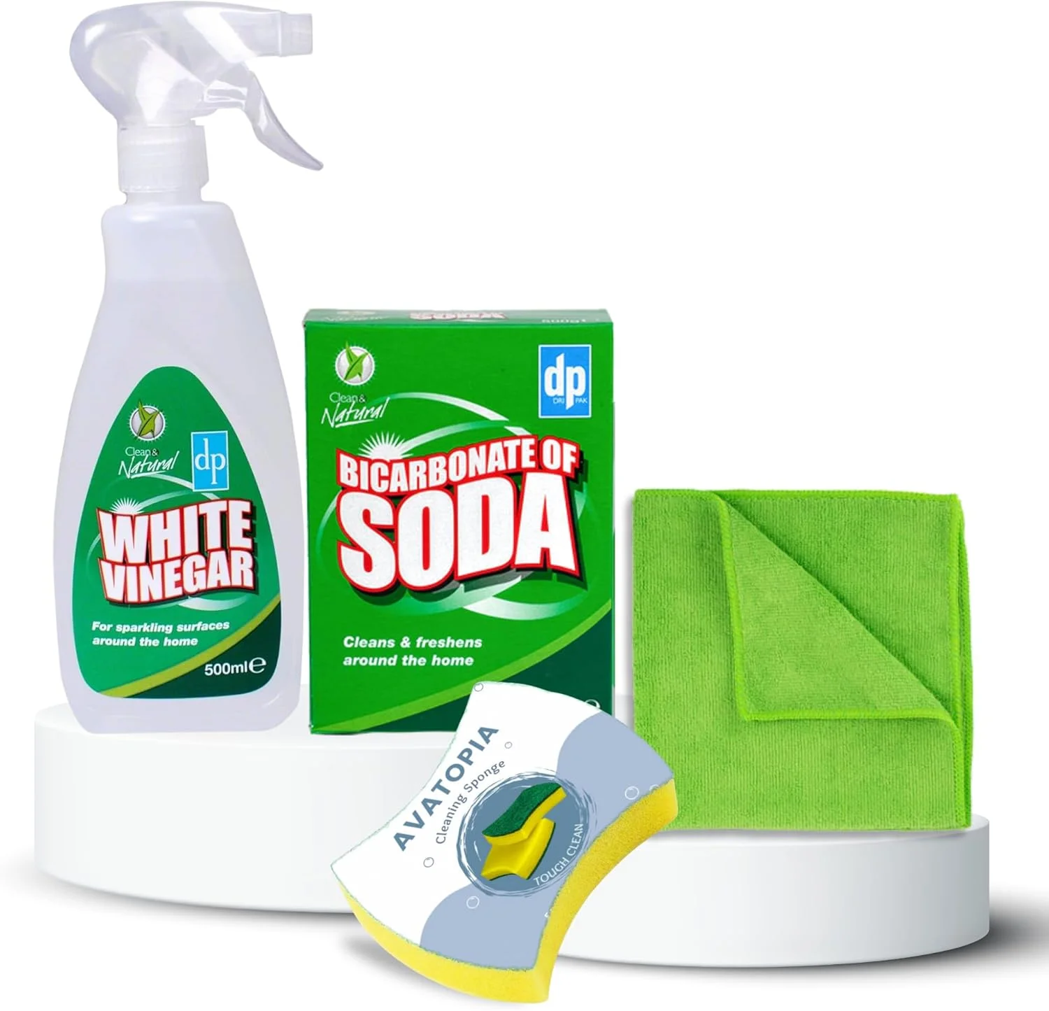 جوش شیرین طبیعی برای تمیزکاری 500 گرم و سرکه سفید 500 میلی لیتر به همراه اسفنج تمیزکاری و ست دستمال میکروفایبر - جوش شیرین و سرکه سفید برای تمیز کردن، ایده آل برای آشپزخانه، حمام و غیره