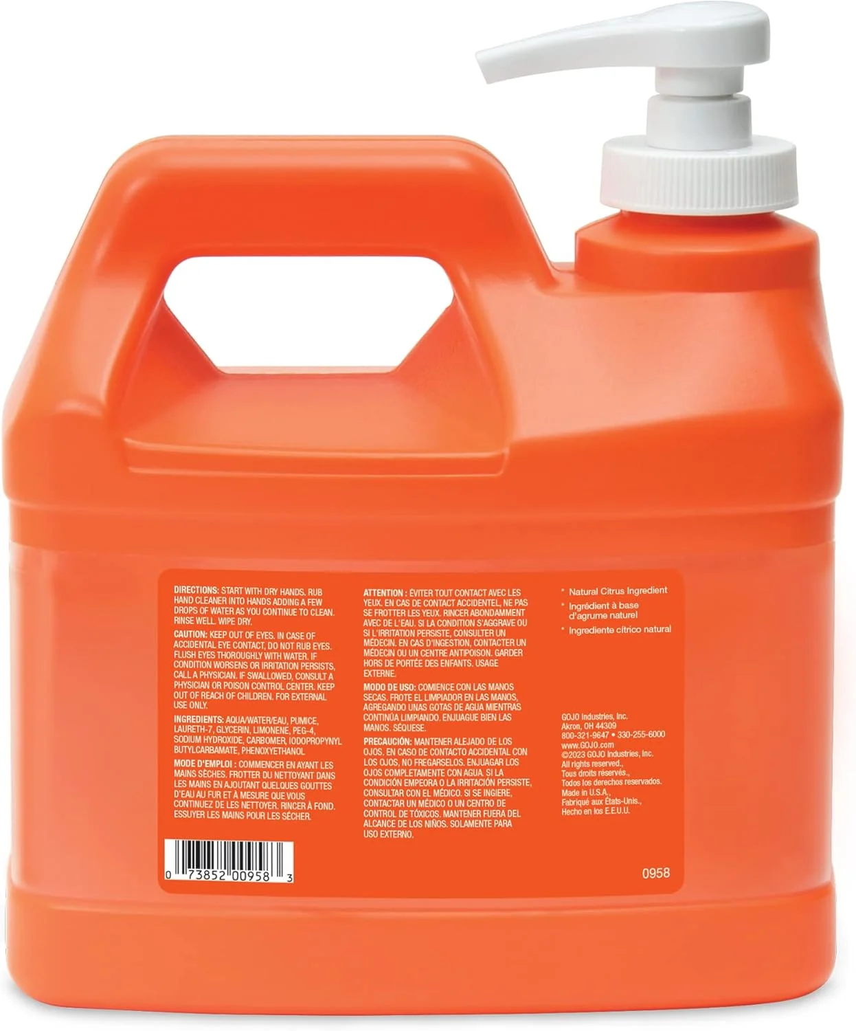 مایع دستشویی صنعتی پرتقالی گوجو با سنگ پا، 1/2 گالن لوسیون پاک کننده سریع دست با بطری پمپی سنگ پا - 0958-04