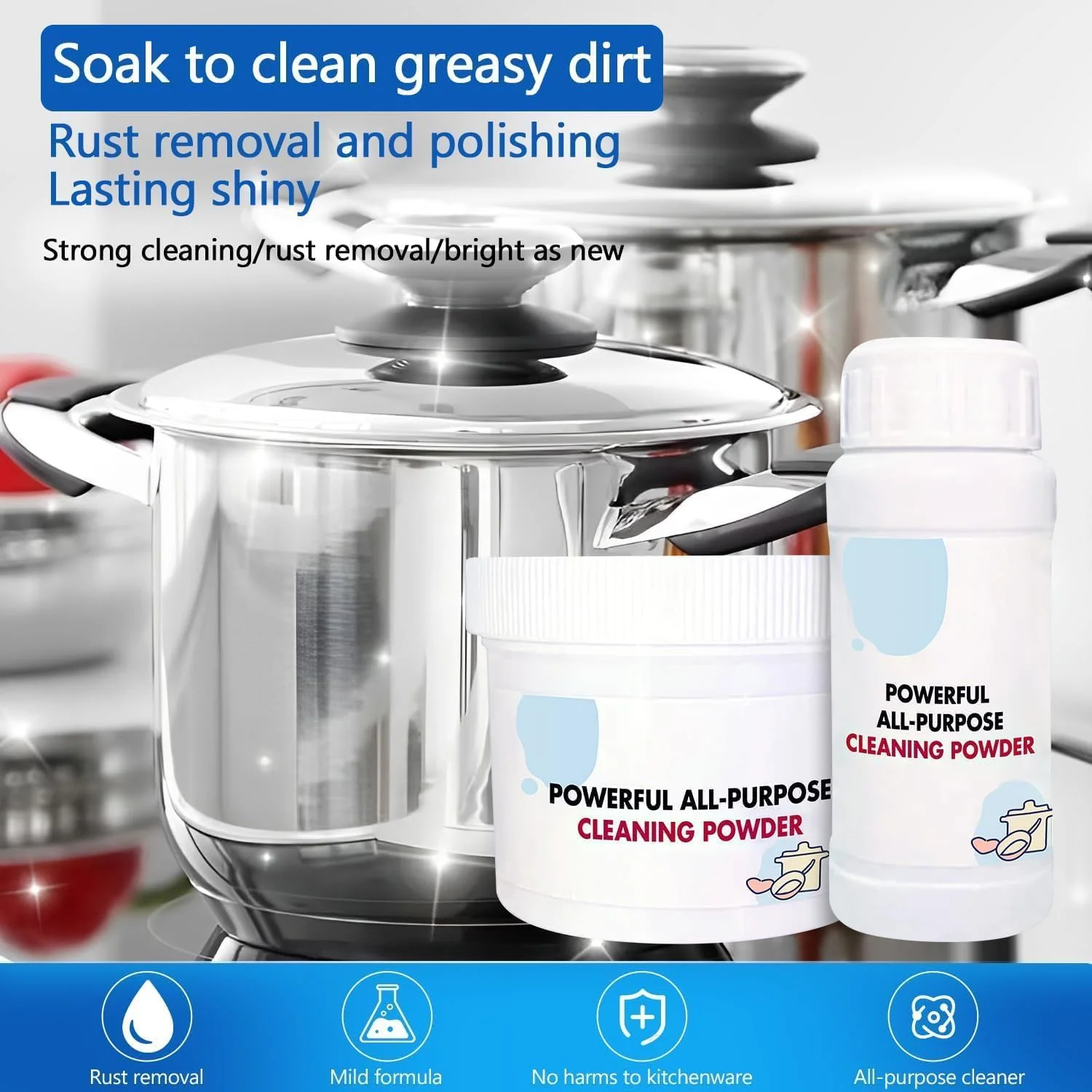 پودر پاک کننده نالاکال برای آلودگی روغن آشپزخانه، پودر تمیز کننده چند منظوره آشپزخانه و پاک کننده زنگ زدگی فوم همه منظوره، عامل تمیز کننده قوی چند منظوره خانگی (2 عدد + اسفنج)