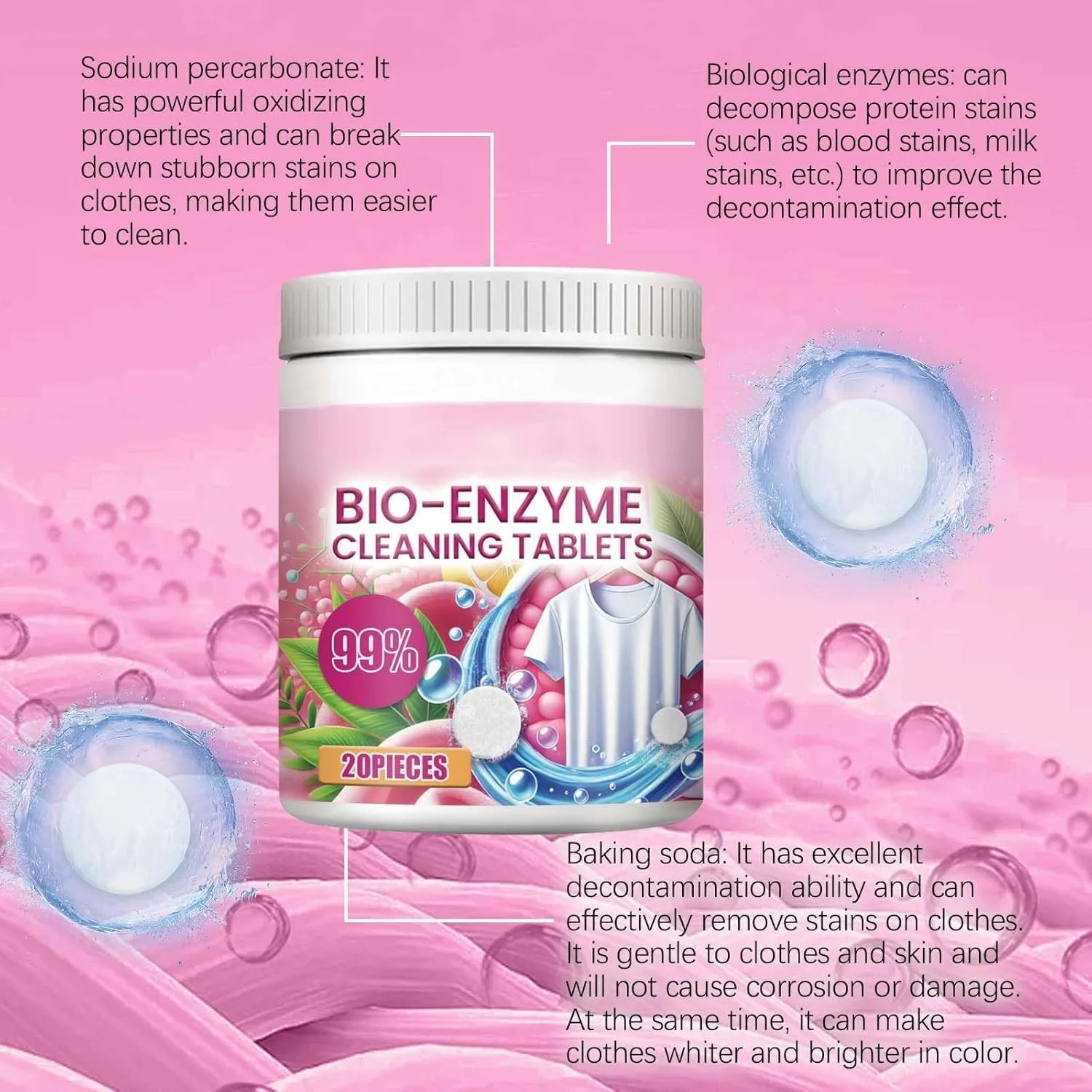 قرص های تمیز کننده چند منظوره بیو آنزیم NALACAL (2 عدد)، قرص های سفید کننده حل شونده غلیظ برای لباسشویی، آشپزخانه، لباس، روبالشتی، پرده و کفش - قرص های تمیز کننده همه منظوره