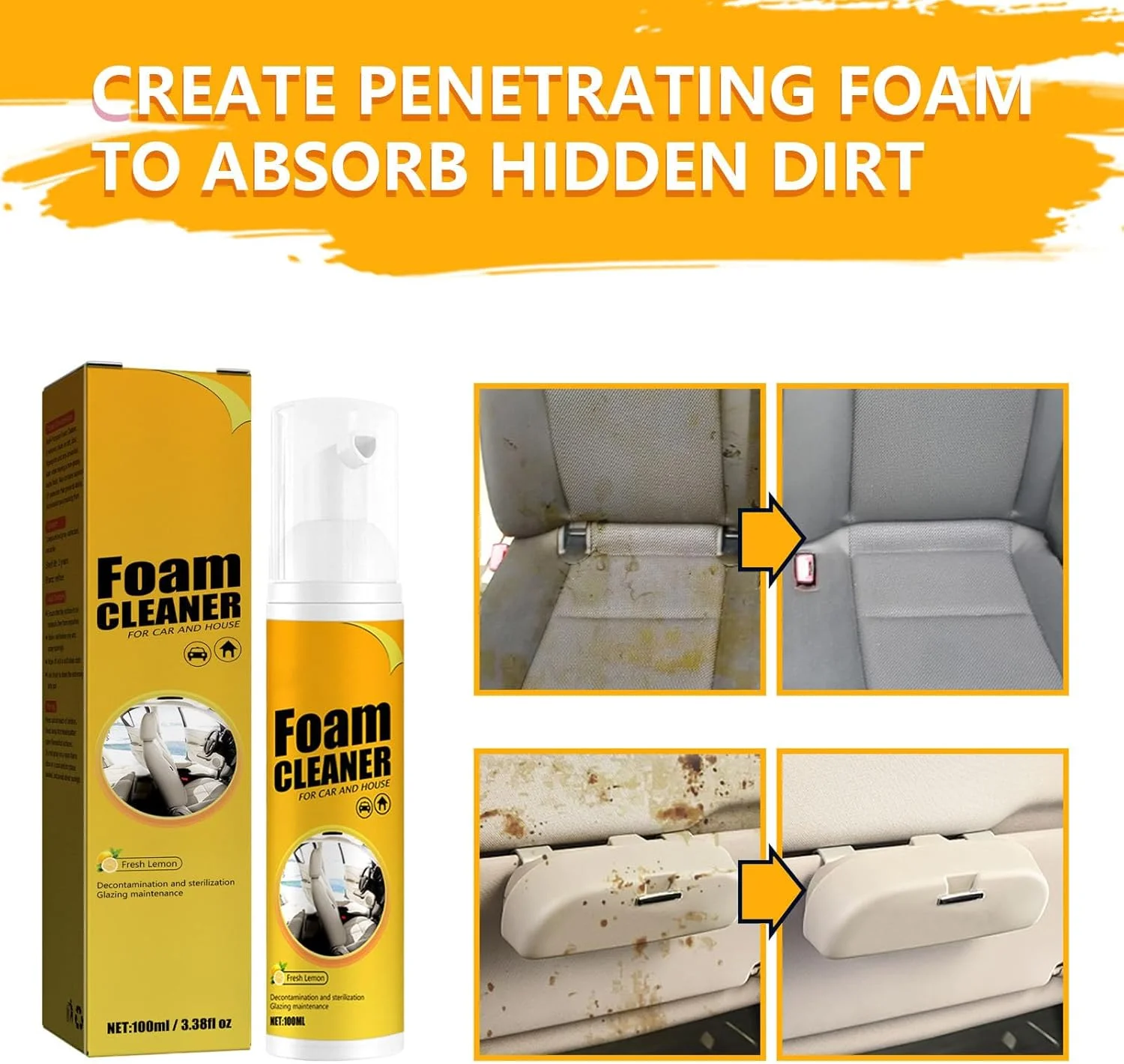 اسپری فوم پاک کننده چند منظوره، رایحه لیمو، فوم پاک کننده 100 میلی لیتری برای خودرو و منزل، استفاده آسان برای پارچه، چرم، پلاستیک و غیره