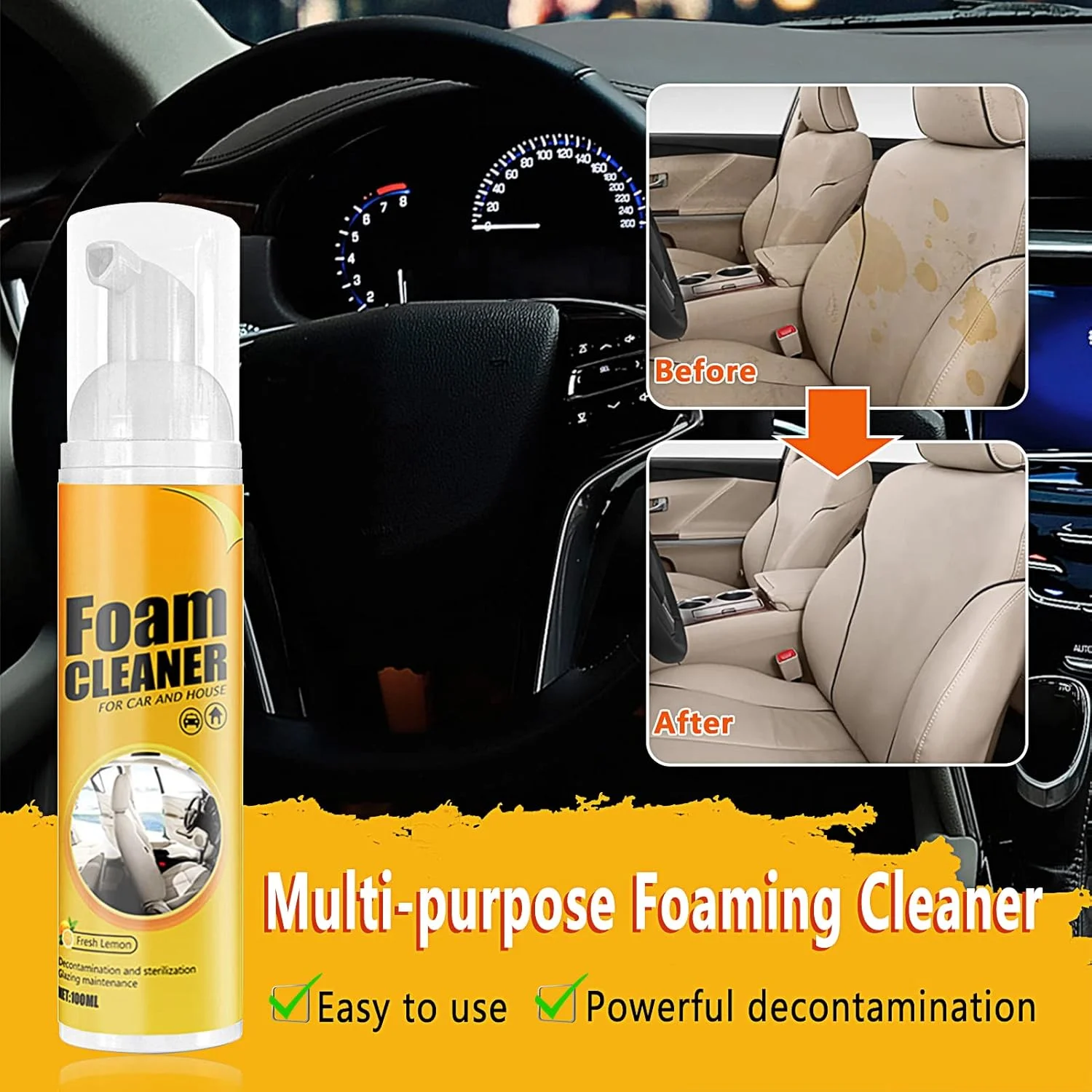اسپری فوم پاک کننده چند منظوره خودرو، 100 میلی لیتر، بدون نیاز به آبکشی، تمیز کننده داخل خودرو، پاک کننده فوم چند منظوره بدون چربی با رایحه لیمو برای خودرو، خانه و آشپزخانه