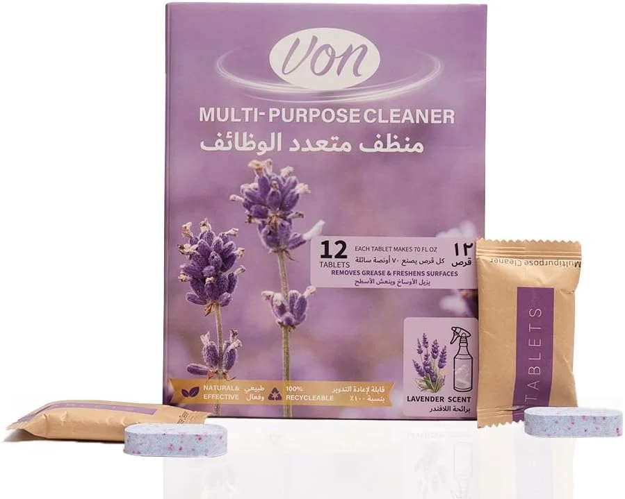 قرص های پاک کننده چند منظوره VON، رایحه اسطوخودوس، 12 عدد، تجزیه پذیر و ایمن برای حیوانات خانگی، قوی در برابر آلودگی، رایحه ملایم