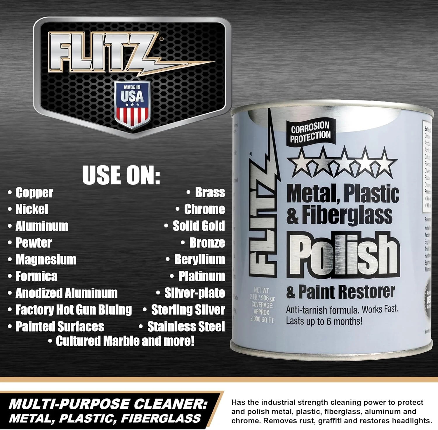 خمیر پولیش و تمیز کننده چند منظوره فلیتز برای فلز، پلاستیک، فایبرگلاس، آلومینیوم، جواهرات، نقره استرلینگ: برای ترمیم چراغ جلو + پاک کننده زنگ زدگی، ساخت ایالات متحده آمریکا، 2.0 پوند (6 عدد)