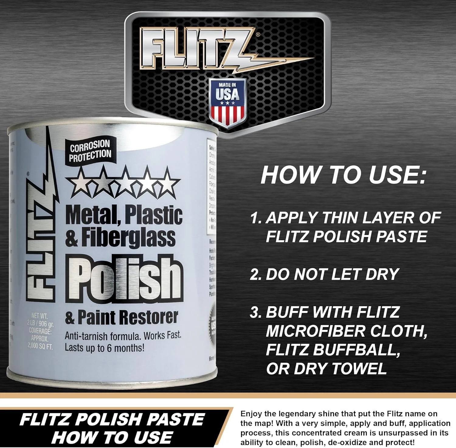 خمیر پولیش و تمیز کننده چند منظوره فلیتز برای فلز، پلاستیک، فایبرگلاس، آلومینیوم، جواهرات، نقره استرلینگ: برای ترمیم چراغ جلو + پاک کننده زنگ زدگی، ساخت ایالات متحده آمریکا، 2.0 پوند (6 عدد)