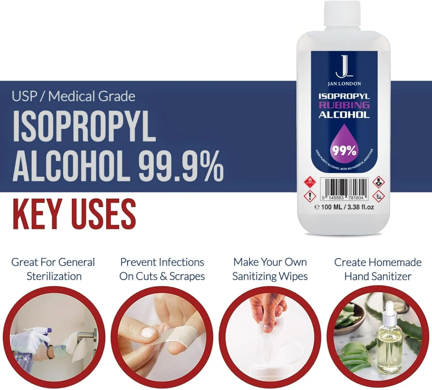 الکل ایزوپروپیل جان لندن، IPA با خلوص بالا 99.9% - ضدعفونی کننده و پاک کننده چند منظوره برای سطوح، لوازم الکترونیکی، کمک های اولیه و موارد دیگر - تبخیر سریع، بدون باقی مانده، 100 میلی لیتر الکل ایزوپروپیل جان لندن، IPA با خلوص بالا 99.9% - ضدعفونی کننده و پاک کننده چند منظوره برای سطوح، لوازم الکترونیکی، کمک های اولیه و موارد دیگر - تبخیر سریع، بدون باقی مانده، 100 میلی لیتر