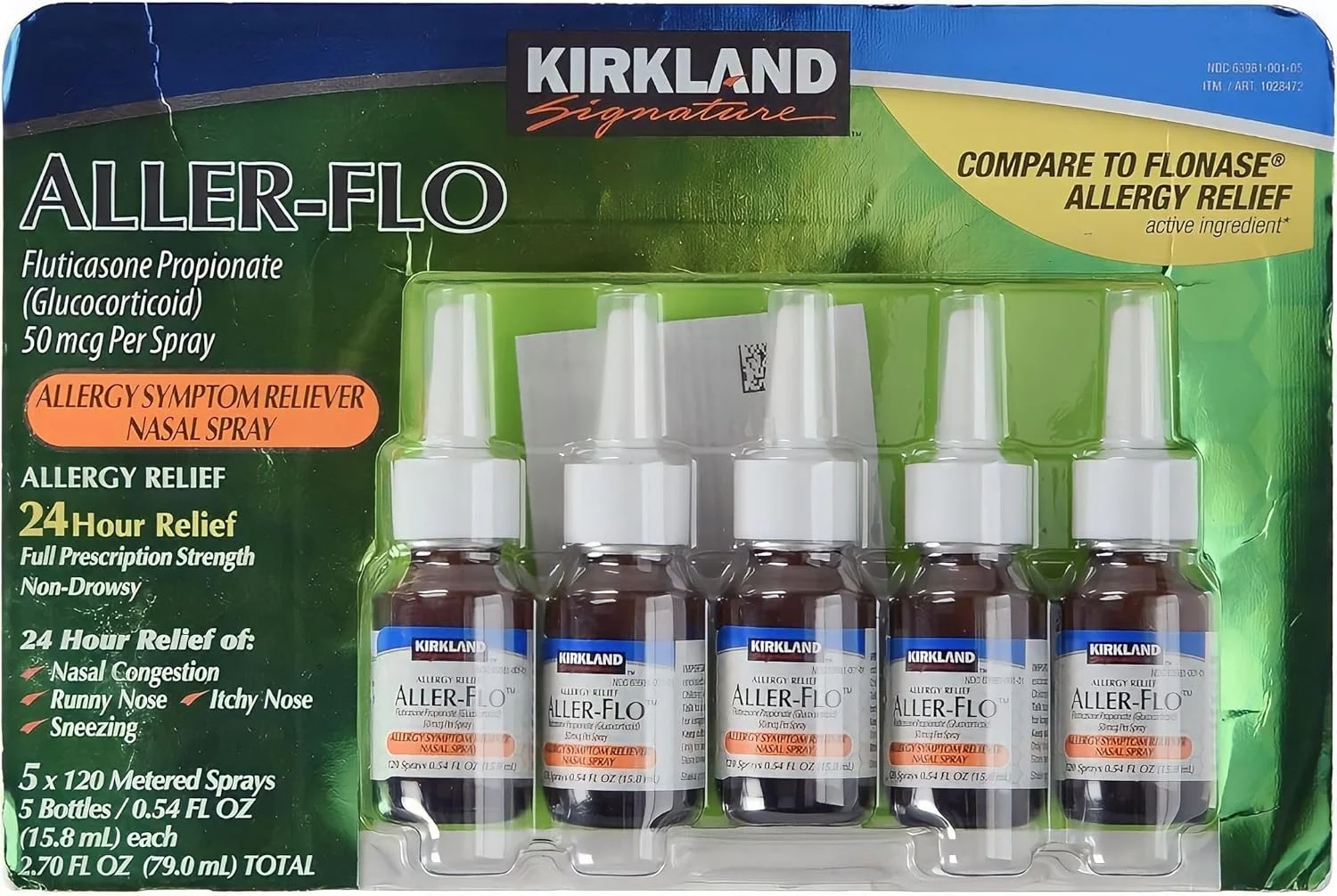 آلر-فلو فلوتیکازون پروپیونات (گلوکوکورتیکوئید) KIRKLAND Signature، 5 بطری x 120 اسپری اندازه گیری شده، 0.54 Fl OZ در هر بطری (15.8 میلی لیتر x 5)، 2.70 OZ کل (79 میلی لیتر کل)، 600 اسپری کل، 1 بسته