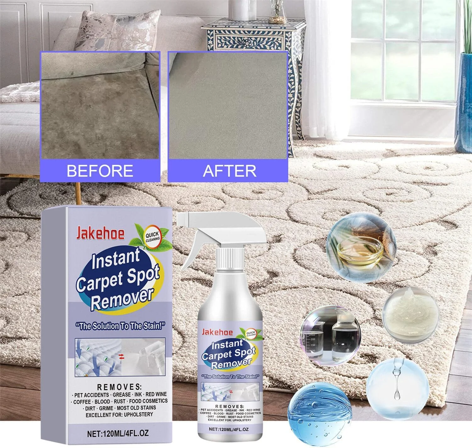 مایع تمیز کننده پارچه جولریتیک، مناسب دکوراسیون داخلی، مبل، فرش، صندلی، فرش و پتو، می تواند به سرعت لکه ها، کثیفی و بو را از بین ببرد، بطری 120 میلی لیتری (4oz)