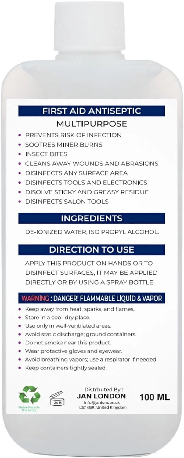 الکل مالشی ایزوپروپیل JAN LONDON، IPA 70% - ضد عفونی کننده و پاک کننده چند منظوره برای زخم ها، سطوح، لوازم الکترونیکی - خشک شونده سریع، بدون باقی مانده، 100 میلی لیتر