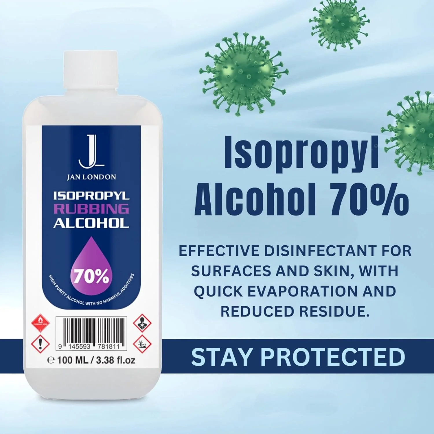 الکل مالشی ایزوپروپیل JAN LONDON، IPA 70% - ضد عفونی کننده و پاک کننده چند منظوره برای زخم ها، سطوح، لوازم الکترونیکی - خشک شونده سریع، بدون باقی مانده، 100 میلی لیتر