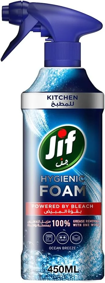 اسپری فوم بهداشتی JIF، با قدرت سفید کننده، مخصوص آشپزخانه برای حذف 100% چربی، 450 میلی لیتر اسپری فوم بهداشتی JIF، با قدرت سفید کننده، مخصوص آشپزخانه برای حذف 100% چربی، 450 میلی لیتر