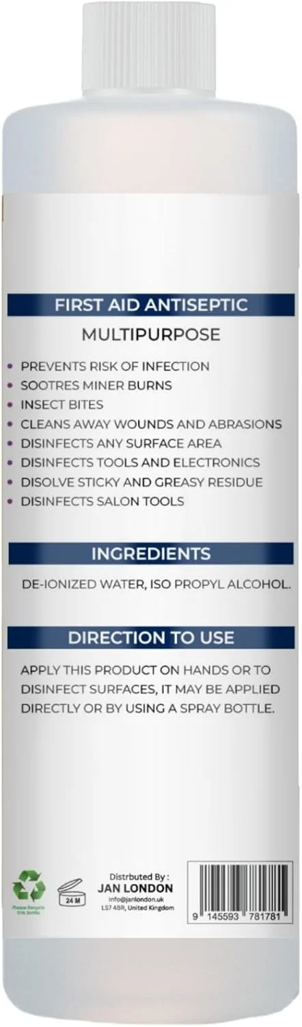 الکل ایزوپروپیل 70% جان لندن، ضدعفونی کننده و پاک کننده چند منظوره برای زخم ها، سطوح، لوازم الکترونیکی - خشک شدن سریع، بدون باقی مانده، 500 میلی لیتر