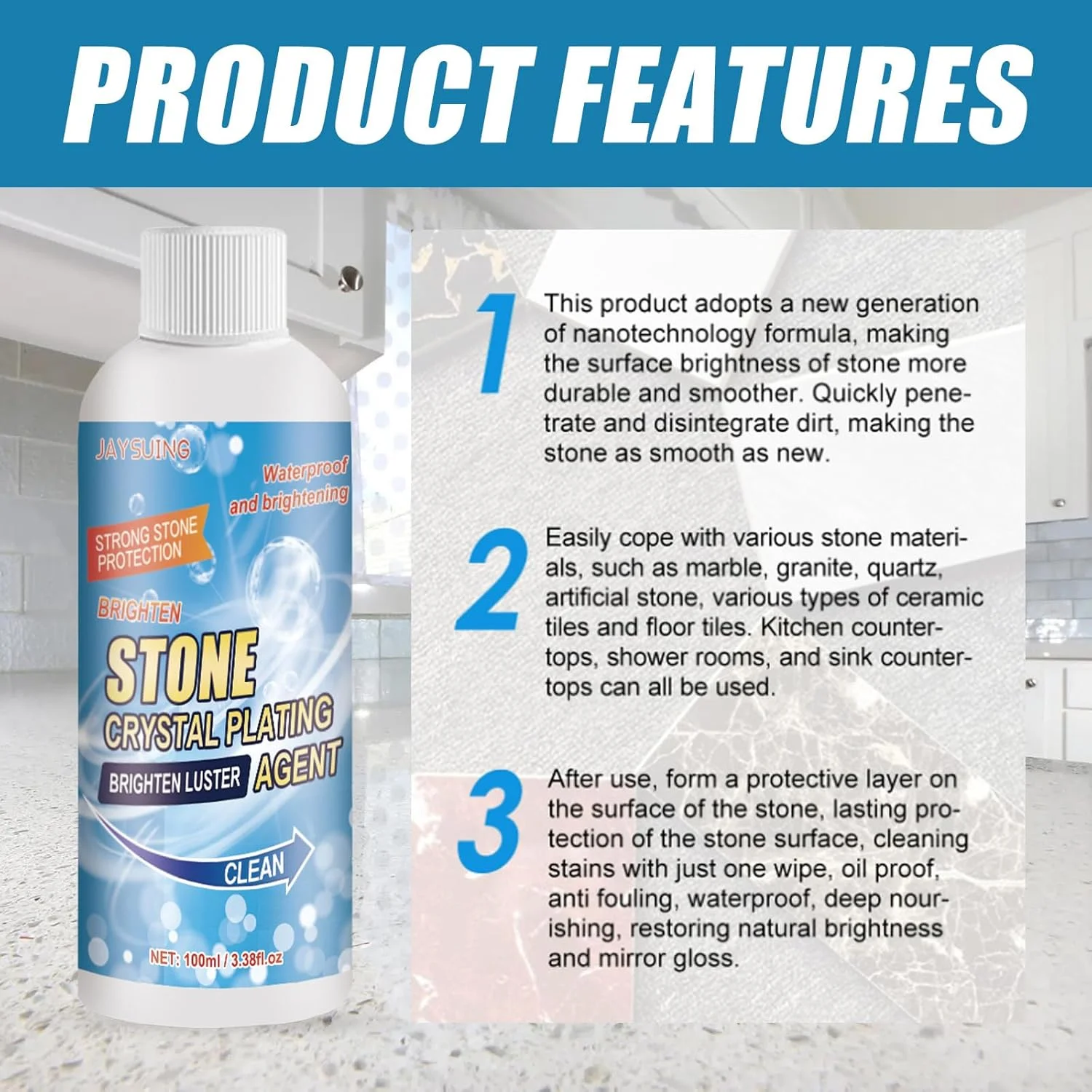 پودر پاک کننده لکه سنگ HESIEU - پودر تمیز کننده سکوی سنگ مرمر، عامل آبکاری کریستال، عامل نانو آبکاری کریستال سنگ، کیت حذف کننده خوردگی مرمر، پودر پولیش سنگ (A)