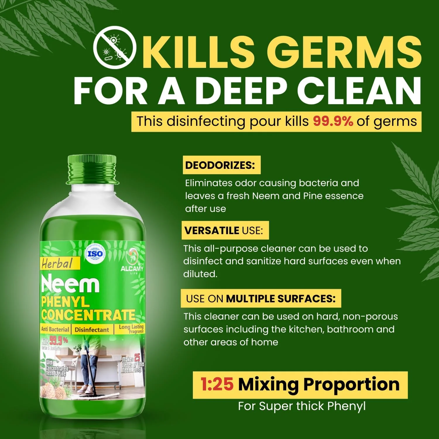 مایع غلیظ ضدعفونی کننده گیاهی نیم AAAL، 1 لیتر | تولید 25 تا 30 لیتر فنل سفید غلیظ | بسته فوق العاده مقرون به صرفه 1 لیتری