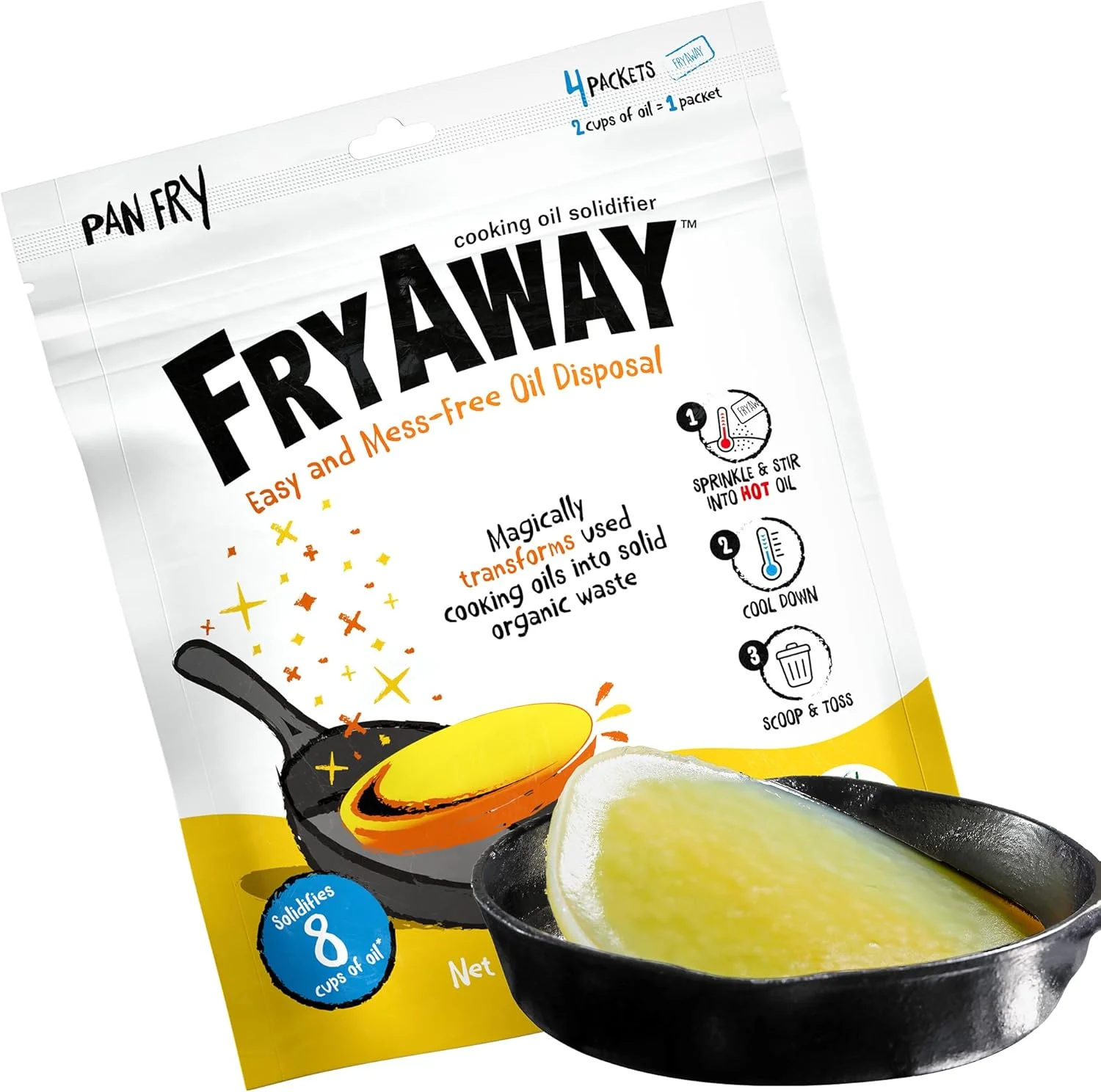 پودر جامد کننده روغن پخت و پز FryAway، 100% گیاهی، هر بار تا 2 فنجان روغن را جامد می کند، (4 عدد در هر بسته - 8 فنجان/2 لیتر)