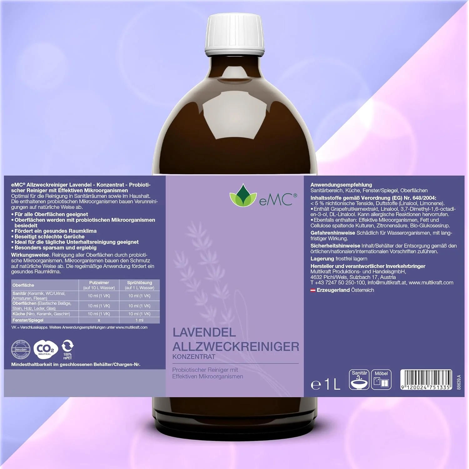 پاک کننده چند منظوره اسطوخودوس eMC - انتخاب طبیعی برای پاکیزگی درخشان و رایحه مطبوع و ماندگار اسطوخودوس - با میکروارگانیسم های پروبیوتیک، 1 لیتر