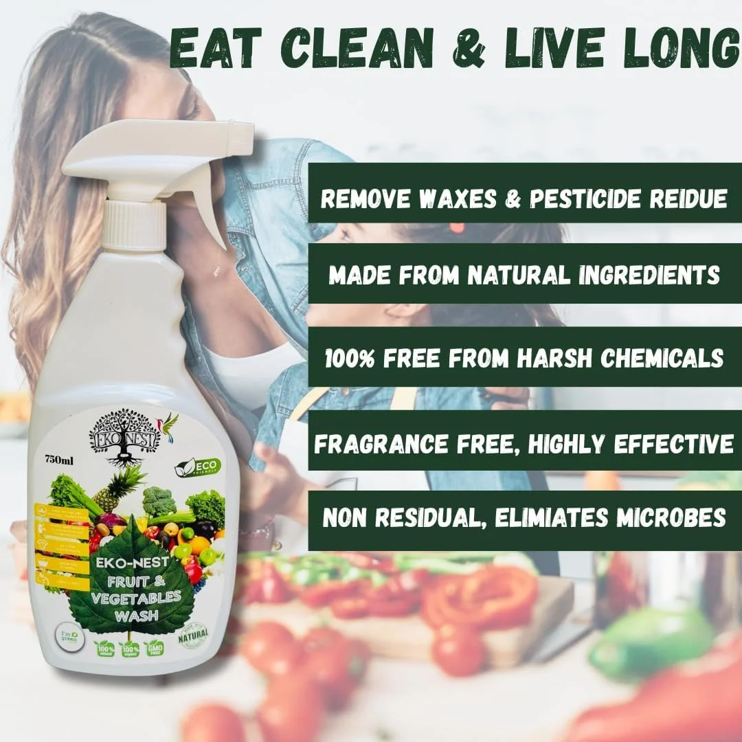 مایع شستشوی میوه و سبزیجات EKO-NEST، پاک کننده طبیعی محصولات، از بین برنده آفت کش ها و موم ها، 750 میلی لیتر