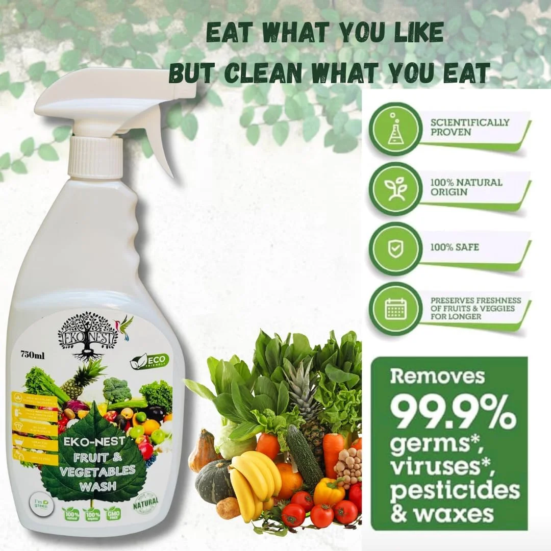 مایع شستشوی میوه و سبزیجات اکو-نست، مواد طبیعی، فرمول بدون مواد شیمیایی، بطری اسپری 750 میلی لیتری