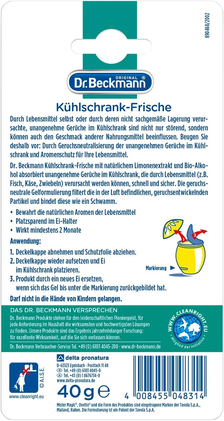 خوشبو کننده یخچال دکتر بکمن | از بین برنده بوی نامطبوع یخچال | خنثی کننده موثر بوها | حاوی عصاره لیمو طبیعی و الکل ارگانیک | 40 گرم