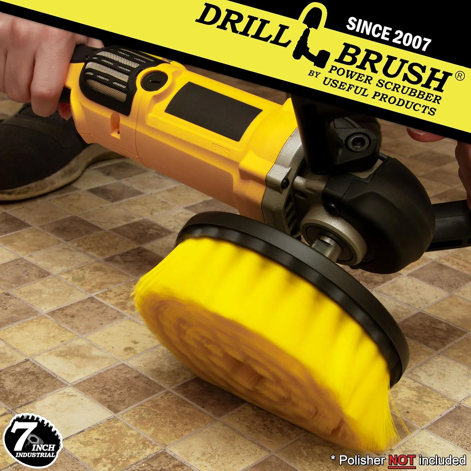 لوازم جانبی دریل براش برای حمام - لوازم تمیز کننده - برس اسکراب - 7 اینچ - موهای زرد متوسط - پولیشر با سرعت متغیر - هاب رزوه ای 5/8 x 11 - کاشی - تمیز کننده دوش - چینی - کفپوش