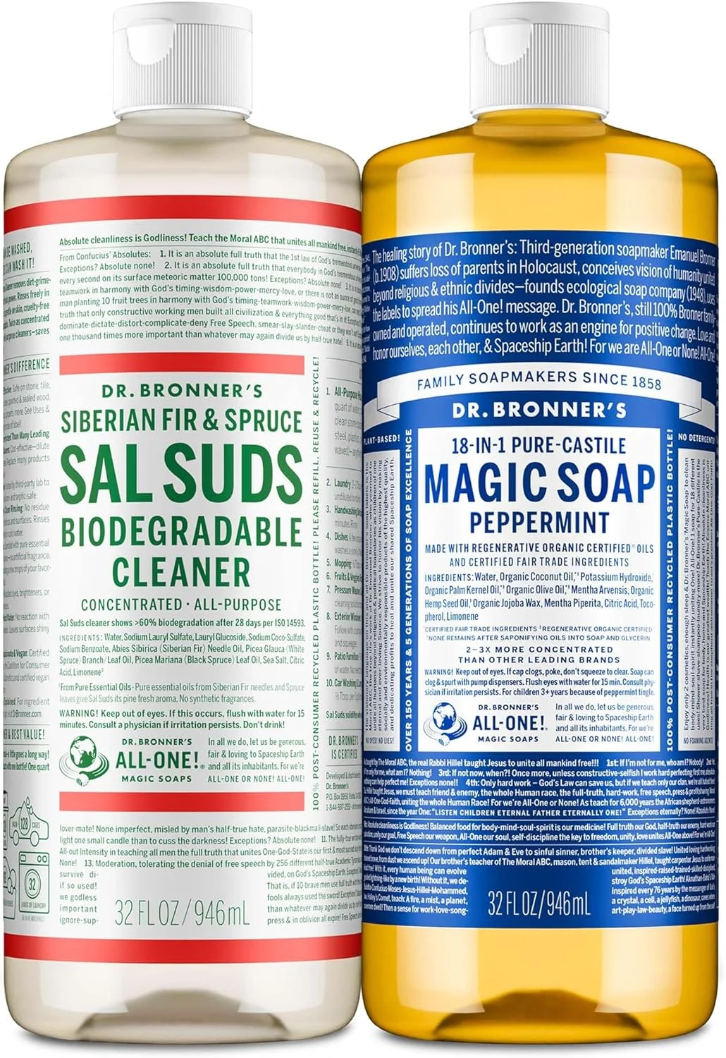مجموعه متنوع صابون جادویی خالص-کاستیل دکتر برونر و پاک کننده زیست تخریب پذیر سال سودز، صابون مایع بدن، پاک کننده چند منظوره، وگان، بدون تست حیوانی، غیر GMO، نعناع فلفلی خالص-کاستیل مایع 946 میلی لیتر و سال سودز