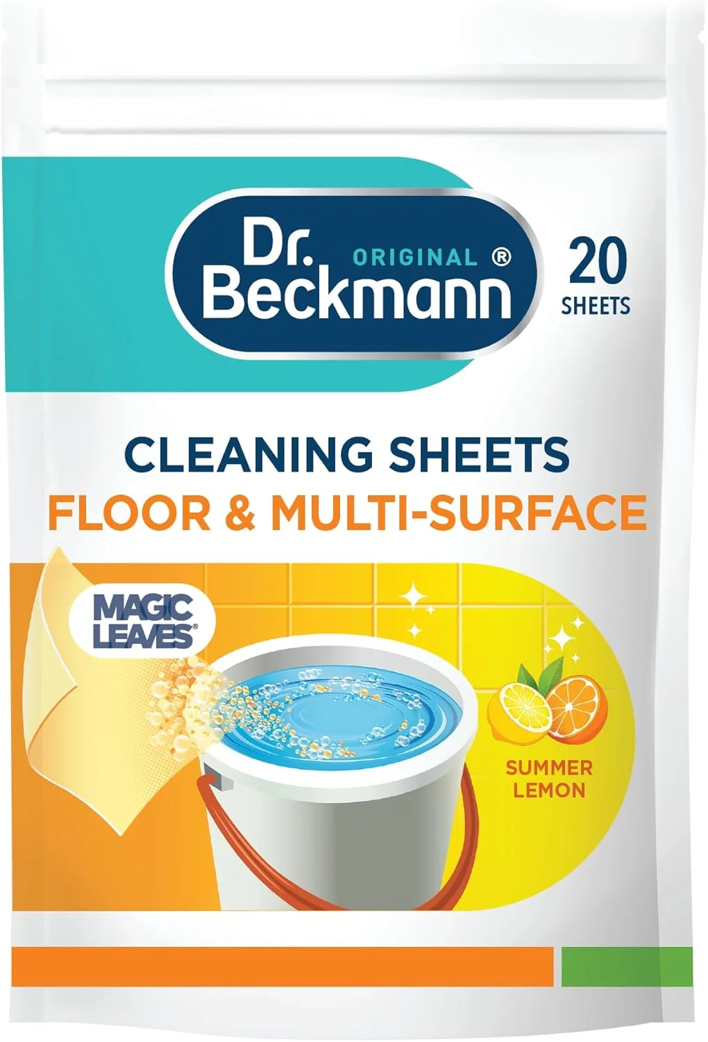 برگه های تمیز کننده سطوح و کف دکتر بکمن | قوی در برابر آلودگی و چربی | خشک شدن سریع | ملایم بر روی سطوح | لیمو تابستانی | 20 عدد