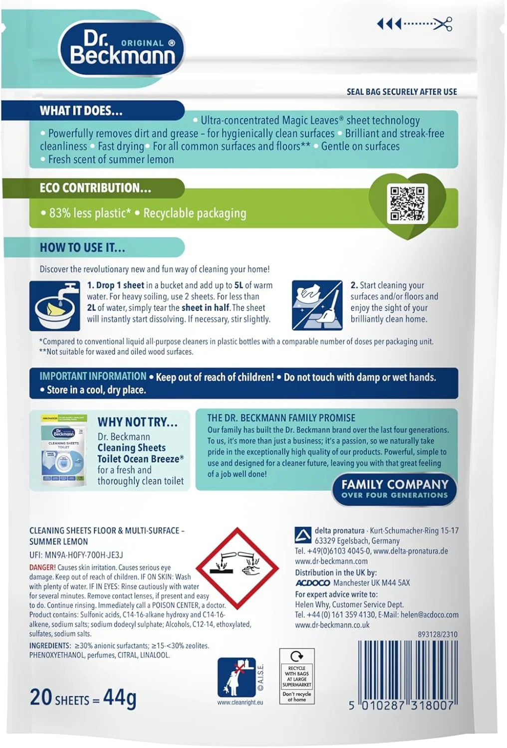 برگه های تمیز کننده سطوح و کف دکتر بکمن | قوی در برابر آلودگی و چربی | خشک شدن سریع | ملایم بر روی سطوح | لیمو تابستانی | 20 عدد