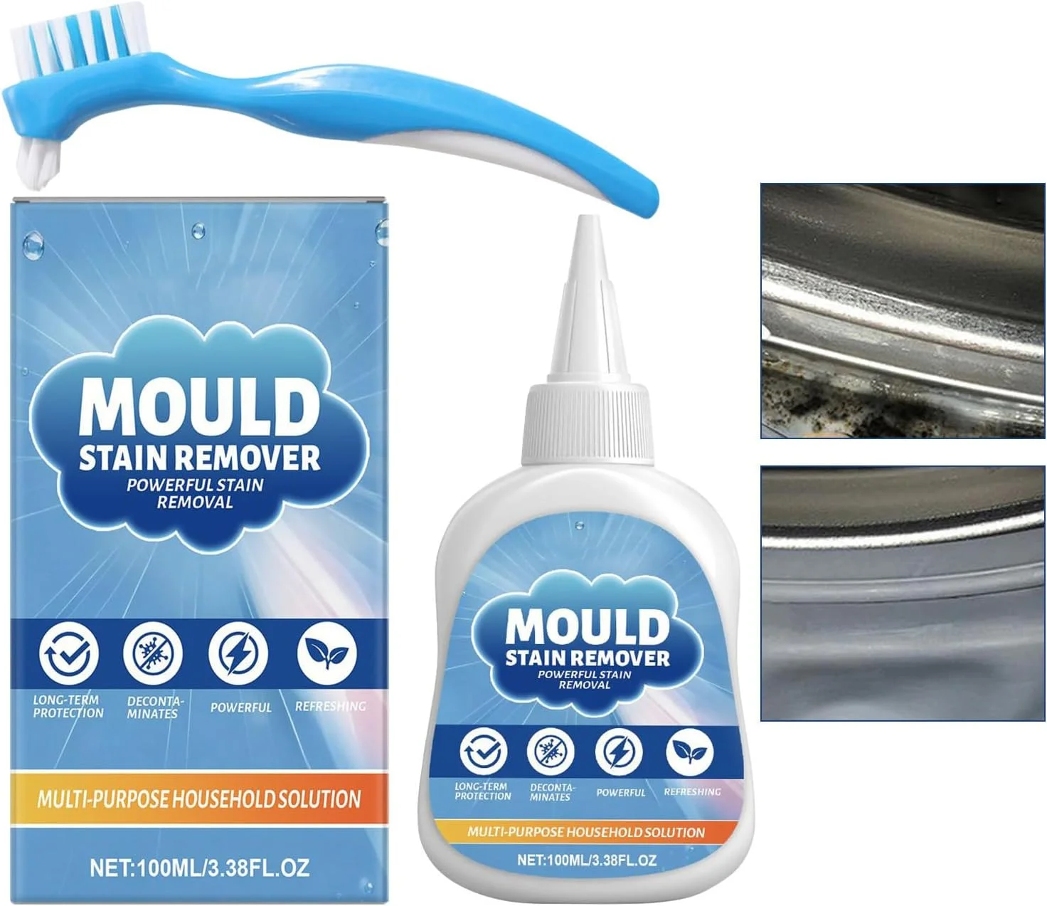 ژل از بین برنده کپک، 100 میلی لیتر، رسوب زدای قوی | ژل از بین برنده کپک ماشین لباسشویی درب از جلو | برای حمام، دوش، آشپزخانه، توالت، ماشین لباسشویی، ماشین ظرفشویی، رختشویی و وان حمام