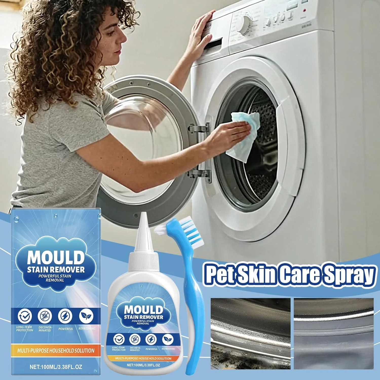 ژل پاک کننده کپک ماشین لباسشویی - پاک کننده قوی 100 میلی لیتری | پاک کننده لکه های لباسشویی خانگی - برای حمام، دوش، آشپزخانه، توالت، ماشین لباسشویی، ماشین ظرفشویی، لباسشویی و وان حمام