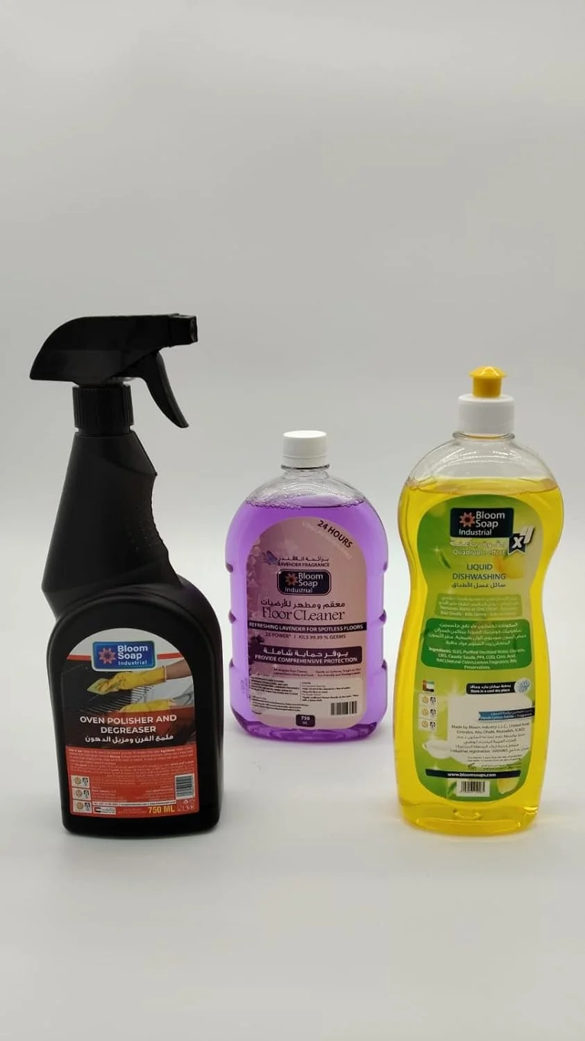 پک ترکیبی تمیز کننده منزل – چربی زدای اجاق گاز، مایع ظرفشویی و تمیز کننده کف | تمیز کننده چند سطحی قدرتمند | 3 × 750 میلی لیتر | رایحه تازه