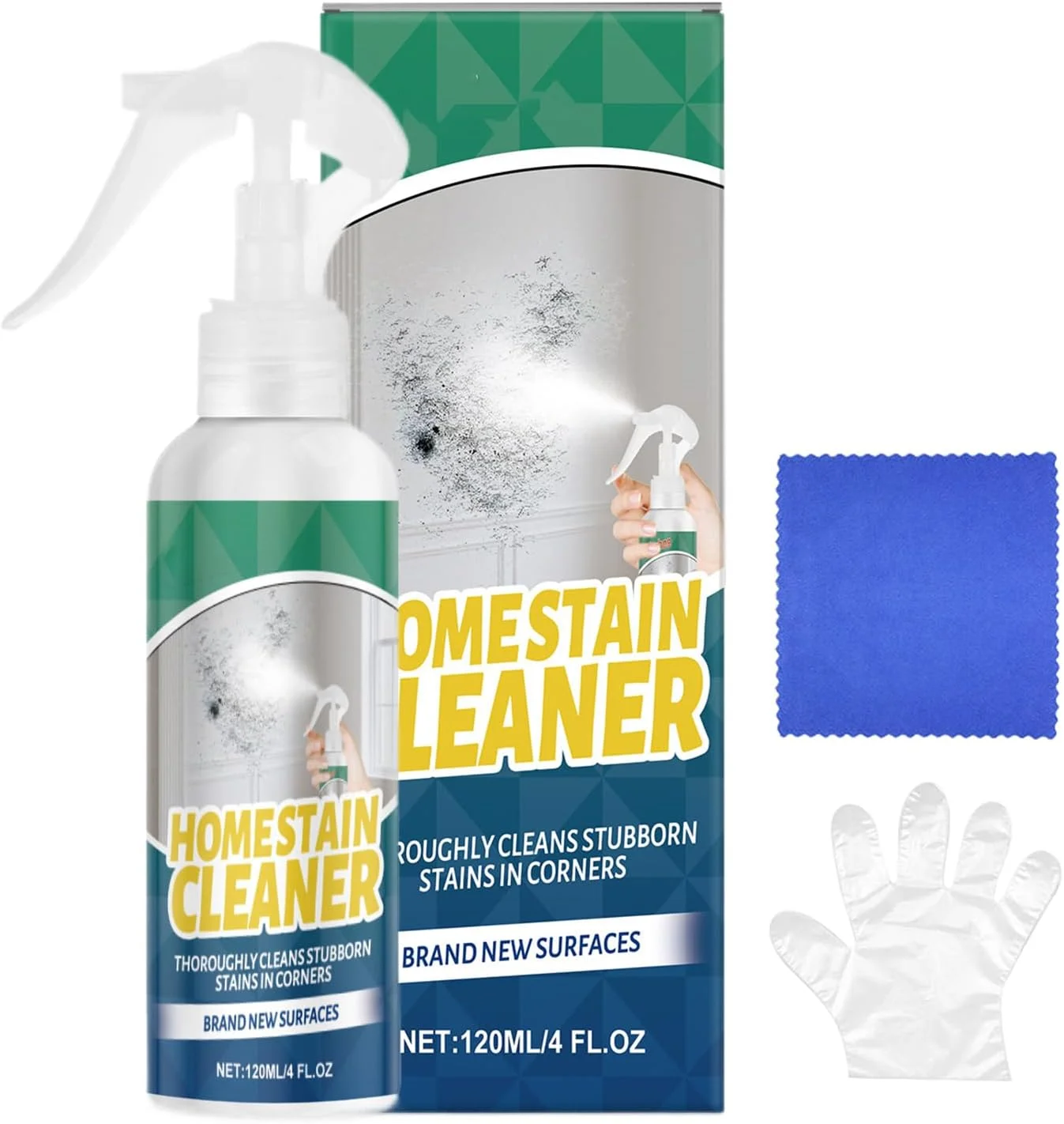 اسپری پاک کننده و از بین برنده لکه کپک - 120 میلی لیتر به همراه دستکش و حوله - پاک کننده چند منظوره موثر برای کارگاه، گاراژ، خانه، عرشه، حمام، فضای باز، لباسشویی، آشپزخانه، زیرزمین و پاسیو