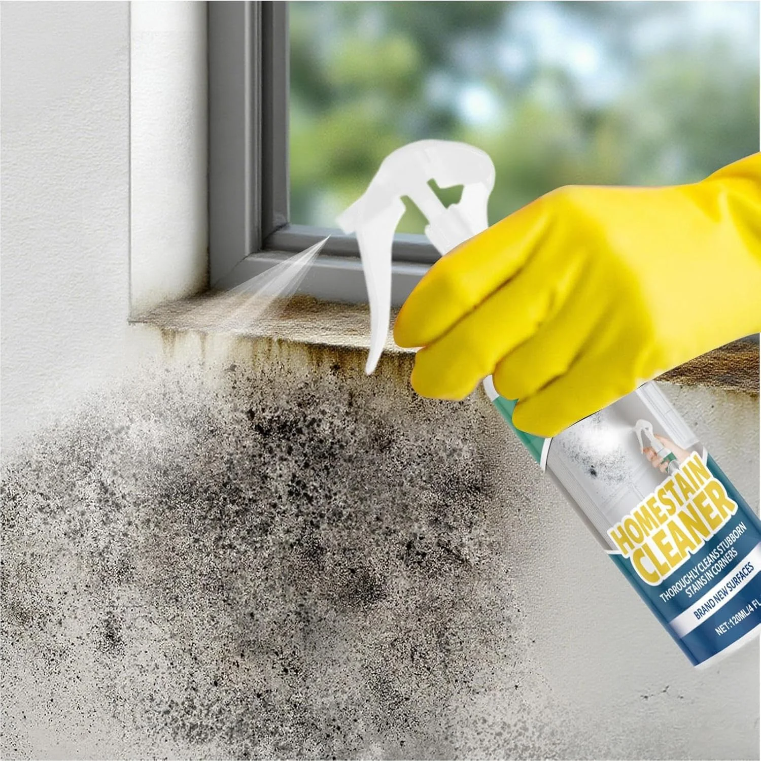 اسپری پاک کننده و از بین برنده لکه کپک - 120 میلی لیتر به همراه دستکش و حوله - پاک کننده چند منظوره موثر برای کارگاه، گاراژ، خانه، عرشه، حمام، فضای باز، لباسشویی، آشپزخانه، زیرزمین و پاسیو