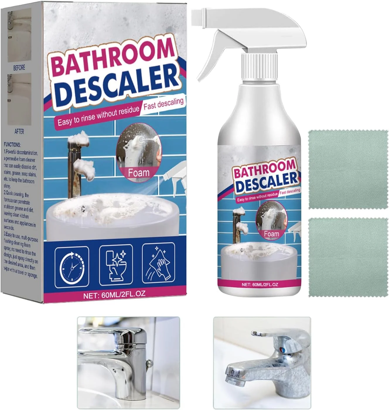 اسپری رسوب زدای حمام، 60 میلی لیتر، پاک کننده لکه توالت، رسوب زدای دوش، اسپری لکه بر برای آینه، رسوب آهک، فلز، کاشی، چینی، شیشه، دوغاب، سینک، شیرآلات، دوش