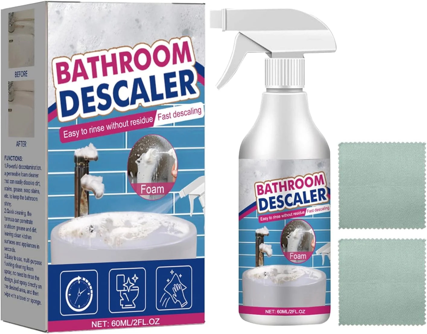 اسپری فوم رسوب زدای حمام، پاک کننده لکه های سرسخت حمام 60 میلی لیتر، اسپری پاک کننده لکه برای آینه، رسوبات آهکی، فلز، کاشی، سرامیک، شیشه، دوغاب، سینک، شیرآلات، دوش