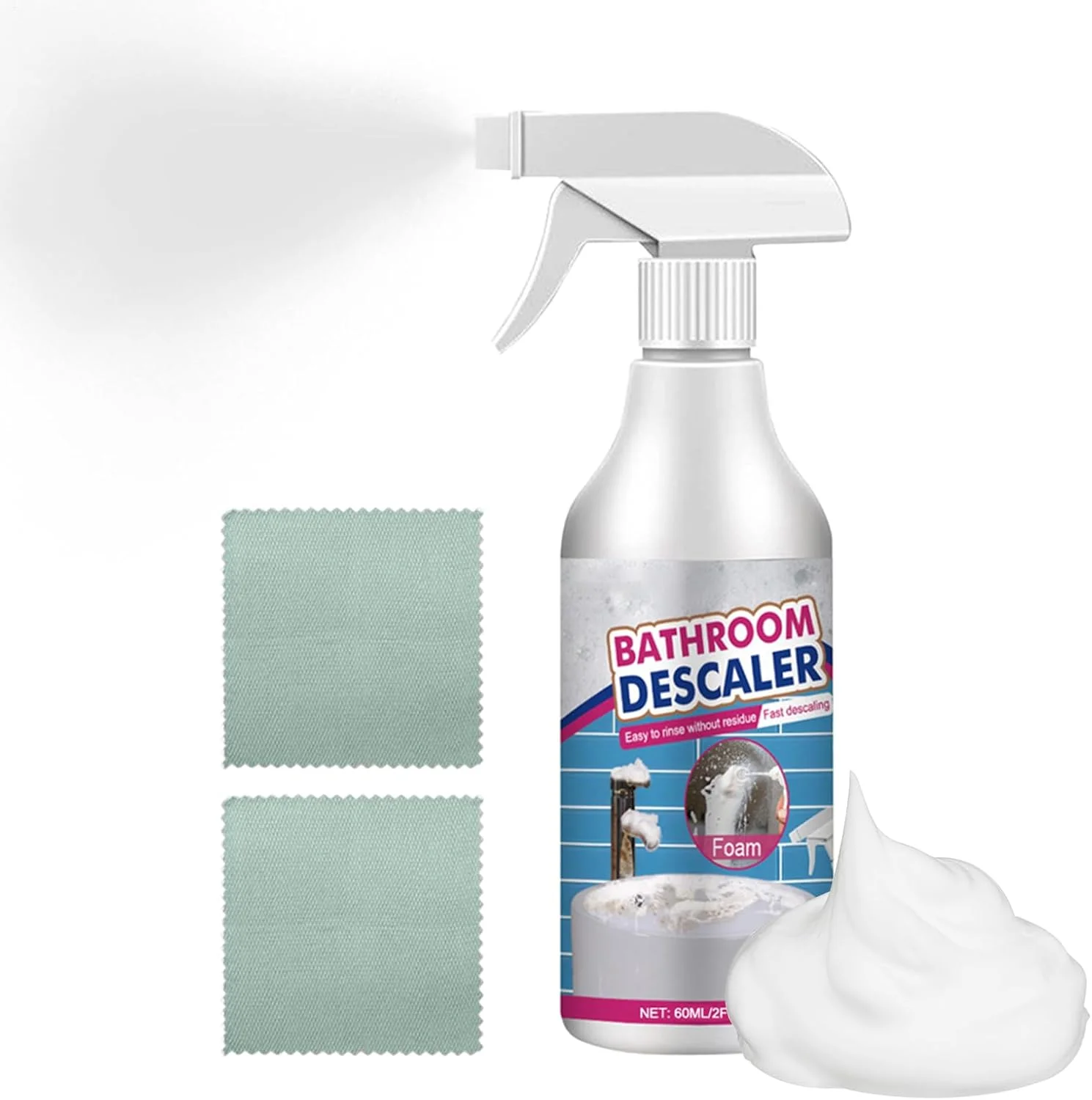 محلول رسوب زدای حمام، پاک کننده لکه های سرسخت حمام 60 میلی لیتر، اسپری پاک کننده لکه برای آینه، رسوبات آهکی، فلز، کاشی، چینی، شیشه، دوغاب، سینک، شیرآلات، دوش