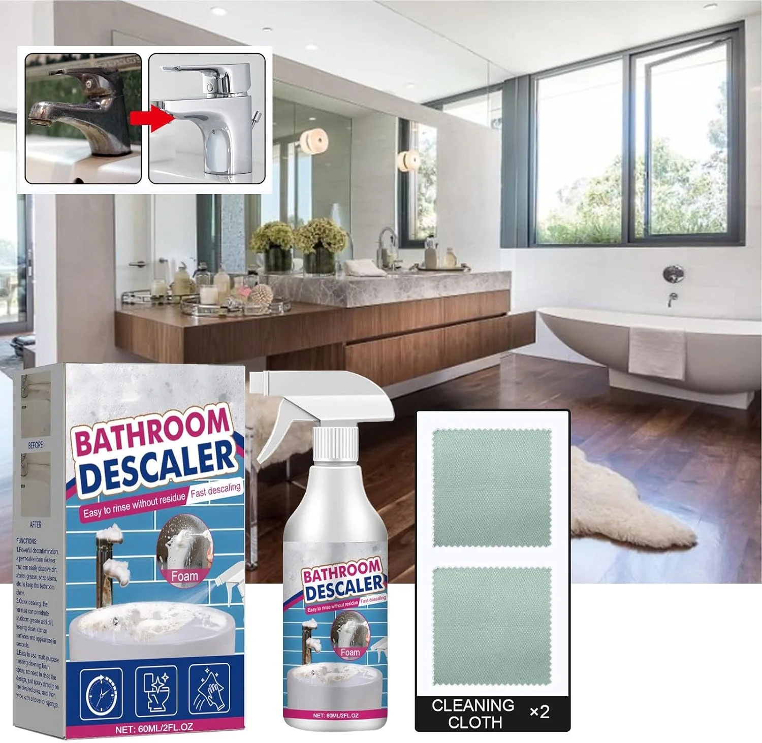 فوم پاک کننده رسوب حمام، 60 میلی لیتر پاک کننده لکه توالت، پاک کننده رسوب دوش، اسپری پاک کننده لکه برای آینه، رسوب آهک، فلز، کاشی، چینی، شیشه، دوغاب، سینک، شیرآلات، دوش