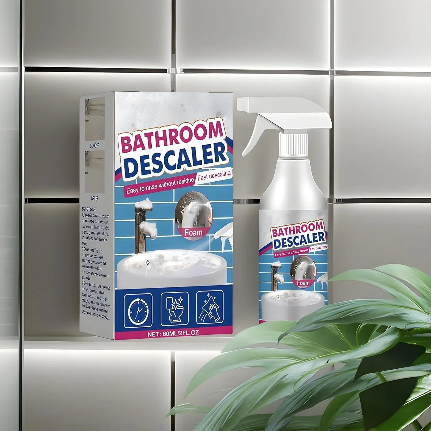 اسپری فوم پاک کننده حمام - پاک کننده چند منظوره 60 میلی لیتری برای دوش | اسپری لکه بر برای آینه، رسوب آهک، فلز، کاشی، چینی، دوغاب، سینک، شیرآلات، دوش
