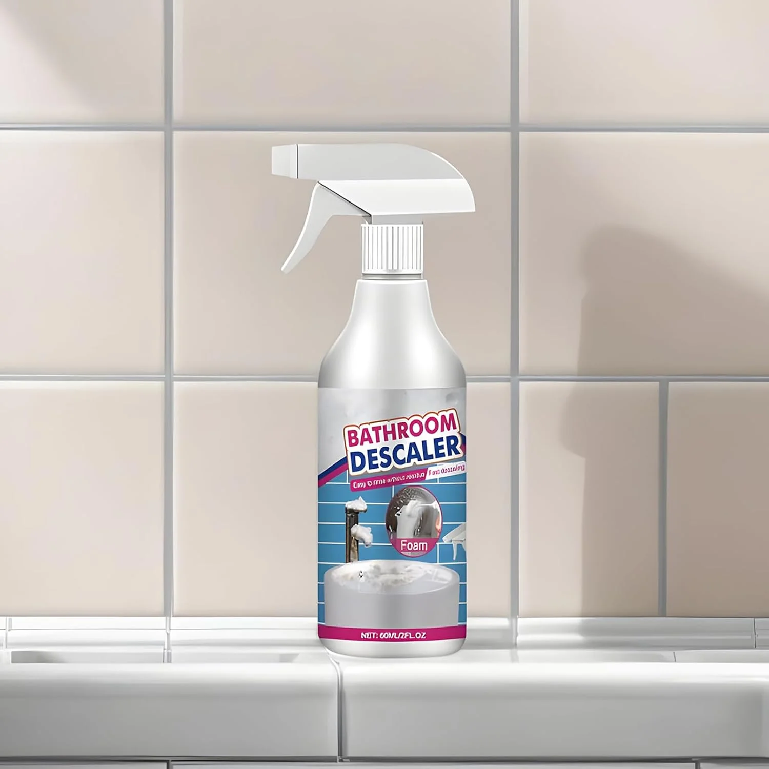اسپری فوم رسوب زدای حمام، پاک کننده لکه های سرسخت حمام 60 میلی لیتر، اسپری پاک کننده لکه برای آینه، رسوبات آهکی، فلز، کاشی، سرامیک، شیشه، دوغاب، سینک، شیرآلات، دوش