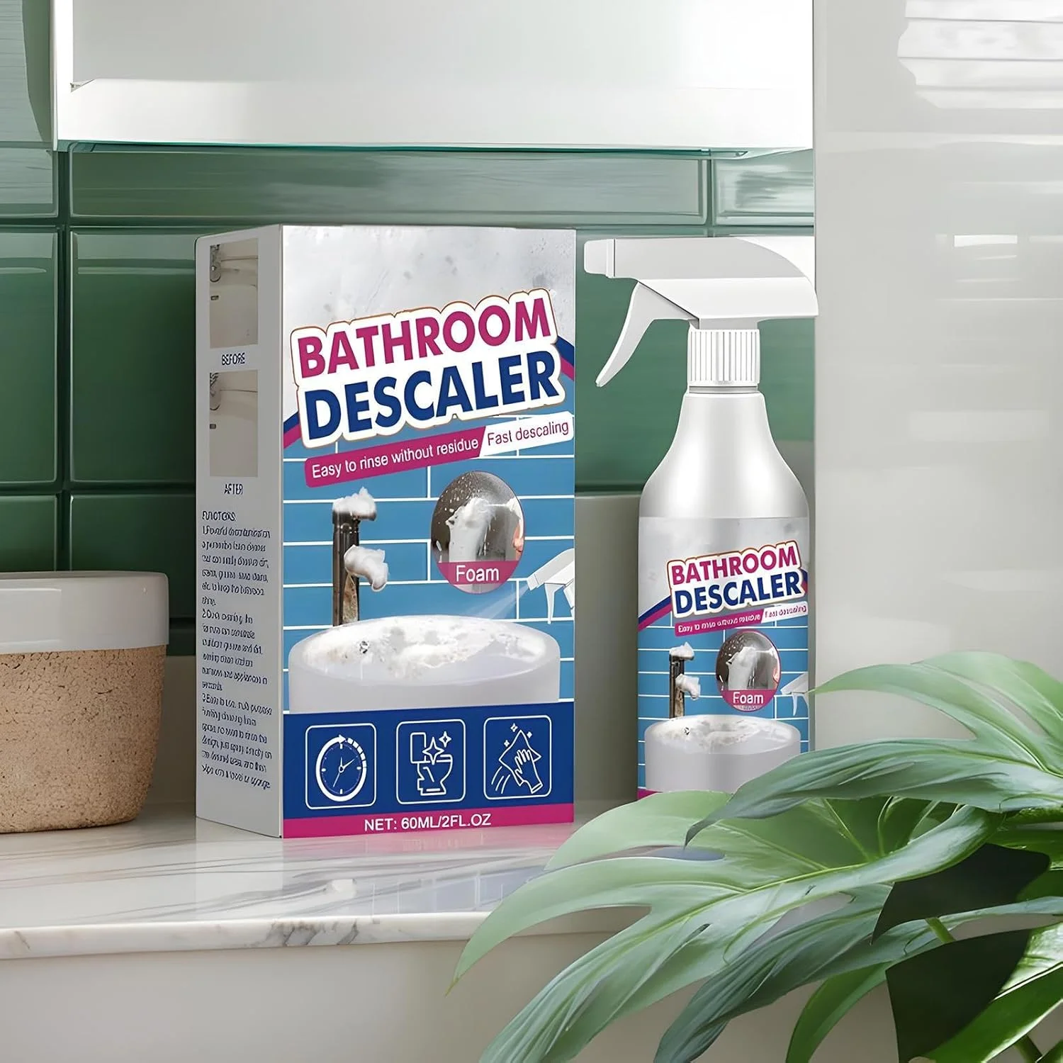 محلول رسوب زدای حمام، پاک کننده لکه های سرسخت حمام 60 میلی لیتر، اسپری پاک کننده لکه برای آینه، رسوبات آهکی، فلز، کاشی، چینی، شیشه، دوغاب، سینک، شیرآلات، دوش