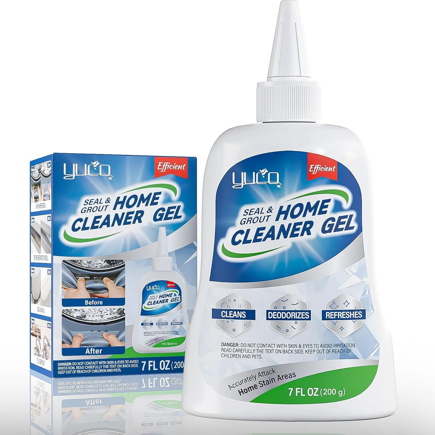 ژل پاک کننده چند منظوره YUCO برای از بین بردن لکه ها، با اثر سریع، ایمن و آسان برای استفاده در ماشین لباسشویی، ماشین ظرفشویی، لاستیک های یخچال، کاشی، دیوار، درزهای کف، اتاق دوش، و درزگیر (1 بطری 7 اونس)