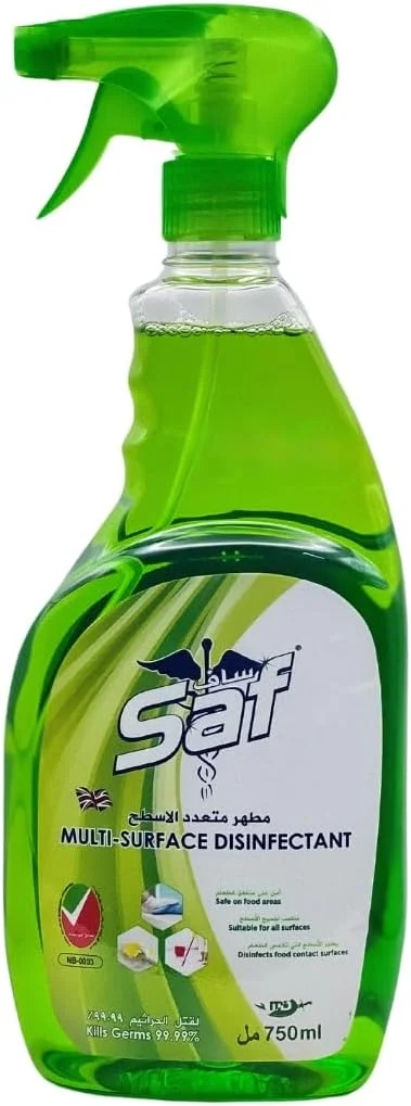 اسپری ضدعفونی کننده چند منظوره Saf، حجم 750 میلی لیتر | از بین برنده 99.9% میکروب ها و باکتری ها | ضدعفونی کننده قوی سطوح برای خانه، آشپزخانه، حمام و دفتر | از بین برنده بوها و ایجاد کننده رایحه ای تازه