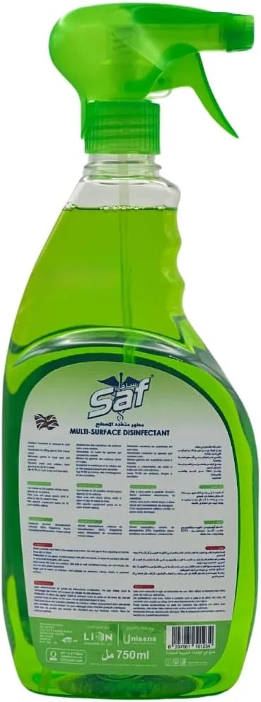 اسپری ضدعفونی کننده چند منظوره Saf، حجم 750 میلی لیتر | از بین برنده 99.9% میکروب ها و باکتری ها | ضدعفونی کننده قوی سطوح برای خانه، آشپزخانه، حمام و دفتر | از بین برنده بوها و ایجاد کننده رایحه ای تازه
